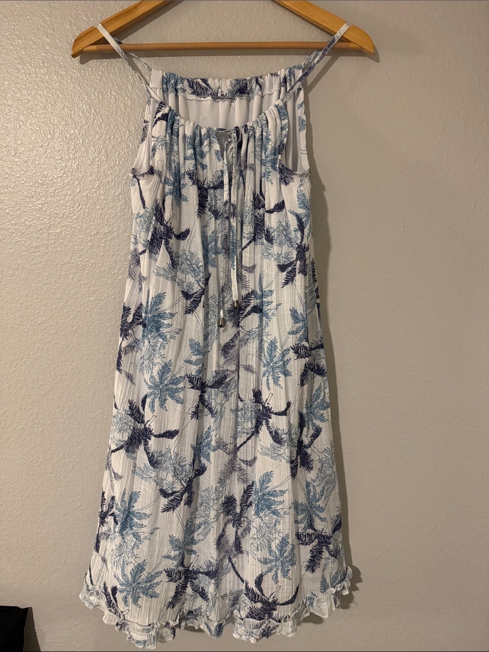 White Sundress with Blue Palm Print